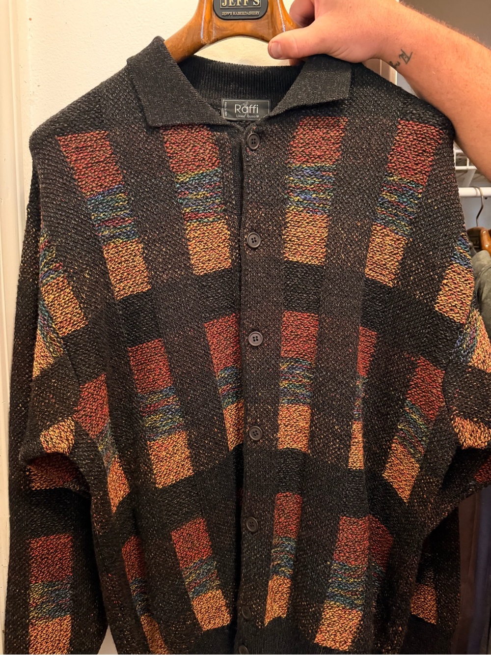 Raffi Black Knit Button-Up Jacket with Rust, Tan & Multicolor Panels